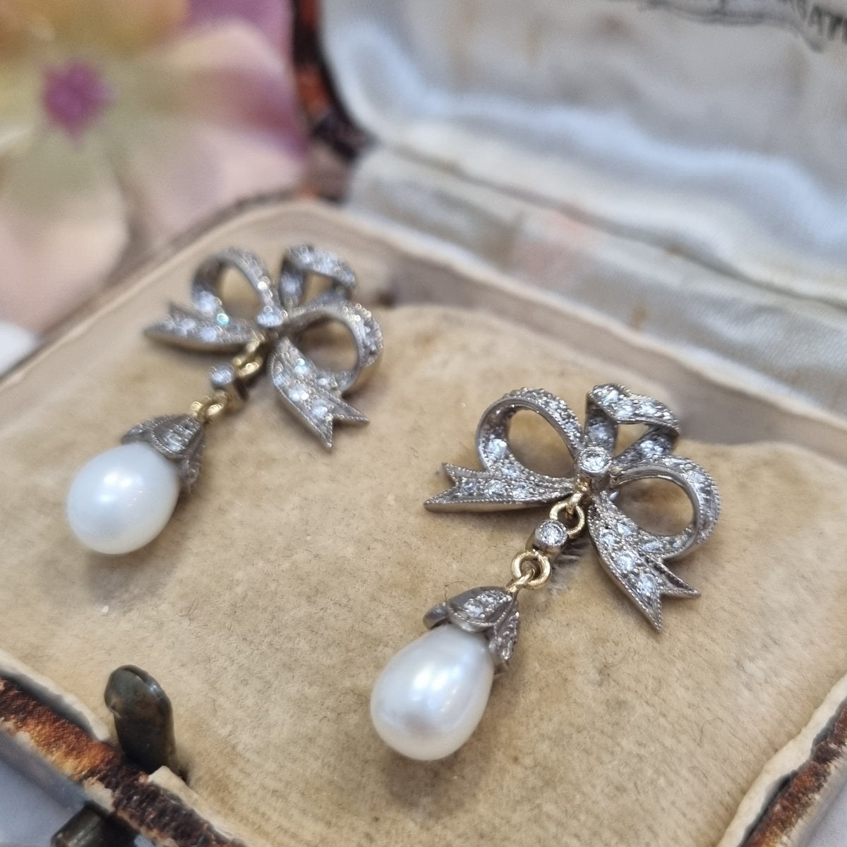 Edwardian Antique Old Cut Diamond Bow and Pearl Drop Earrings