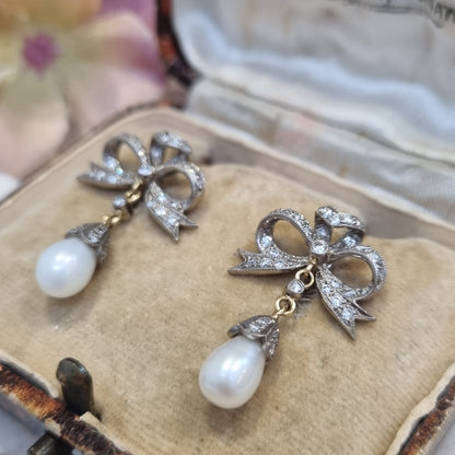 Edwardian Antique Old Cut Diamond Bow and Pearl Drop Earrings