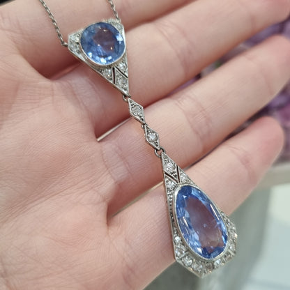 Art Deco Cornflower Ceylon Sapphire and Diamond Pendant Necklace