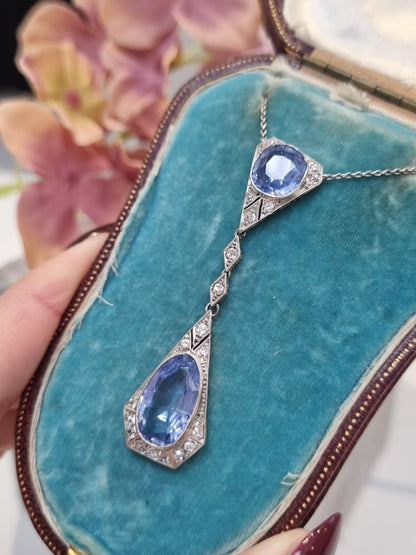 Art Deco Cornflower Ceylon Sapphire and Diamond Pendant Necklace