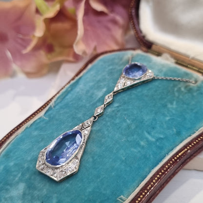 Art Deco Cornflower Ceylon Sapphire and Diamond Pendant Necklace