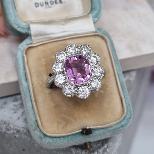 Vintage 1.30ct Pink Topaz and Diamond Cluster Ring