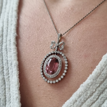 Edwardian Antique Pink Tourmaline and Diamond Cluster Bow Pendant