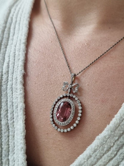 Edwardian Antique Pink Tourmaline and Diamond Cluster Bow Pendant