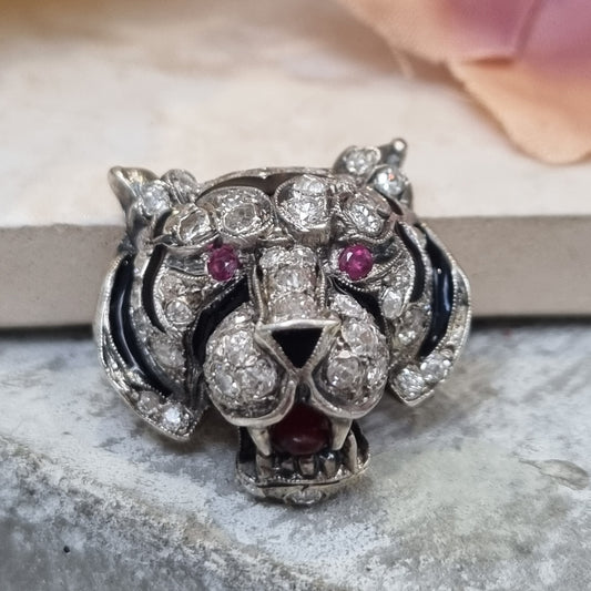 Antique Diamond and Black Enamel Tiger Brooch