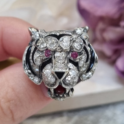Antique Diamond and Black Enamel Tiger Brooch