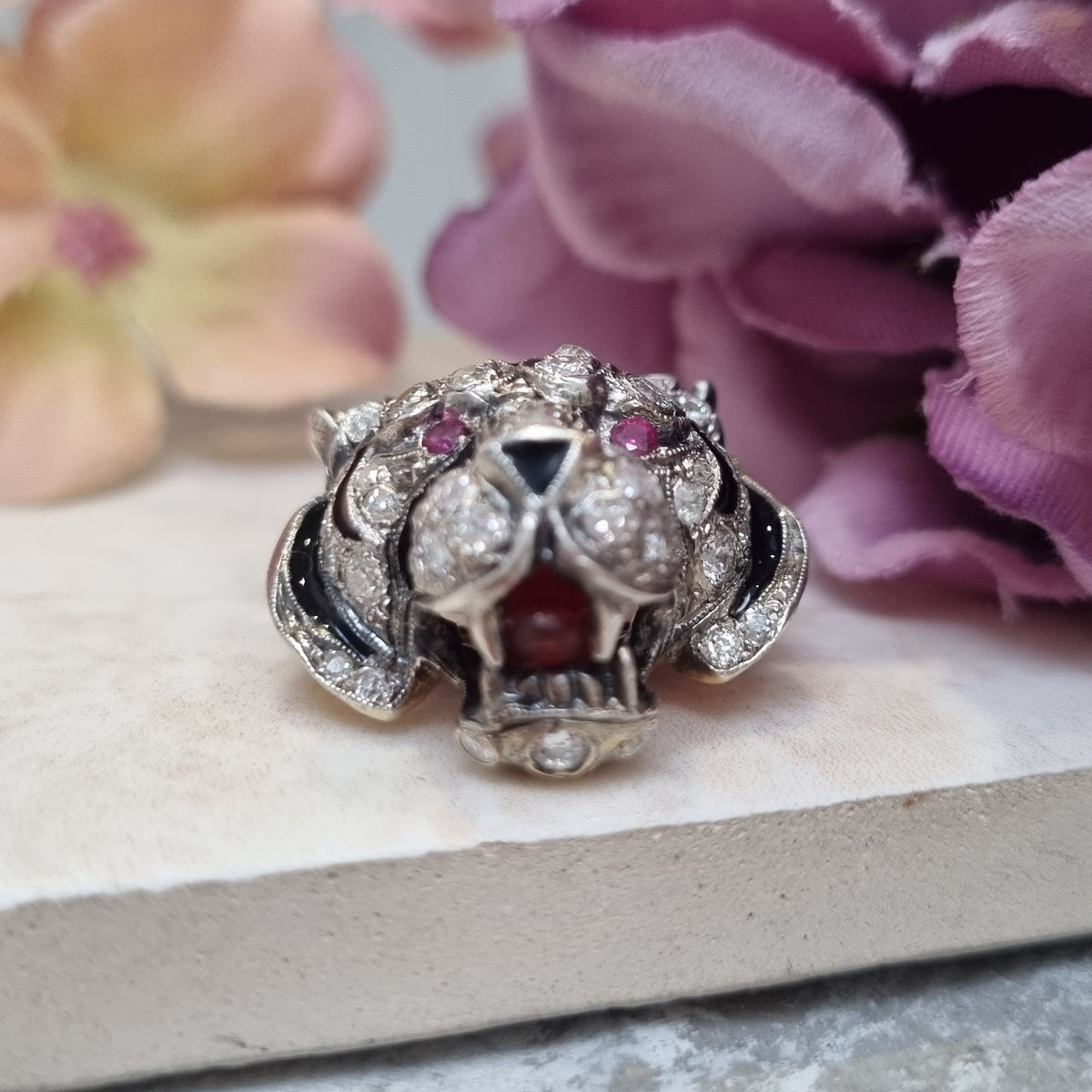 Antique Diamond and Black Enamel Tiger Brooch