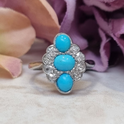 Art Deco Persian Turquoise and Old Cut Diamond Three Stone Plaque Ring