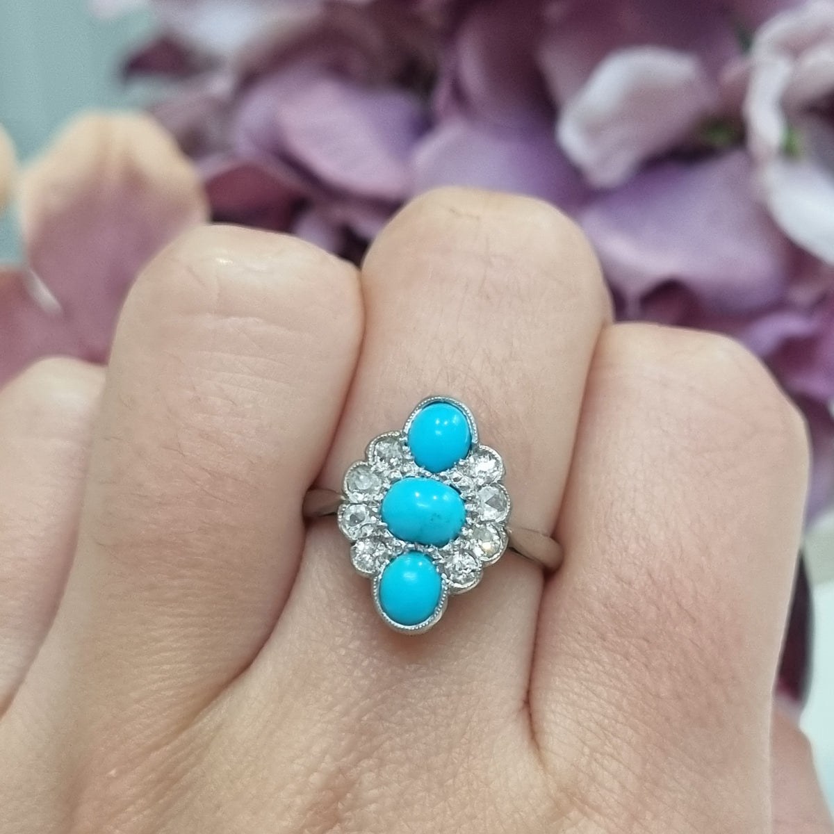 Art Deco Persian Turquoise and Old Cut Diamond Three Stone Plaque Ring