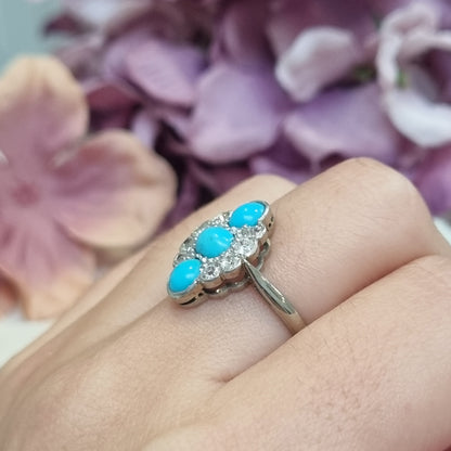 Art Deco Persian Turquoise and Old Cut Diamond Three Stone Plaque Ring