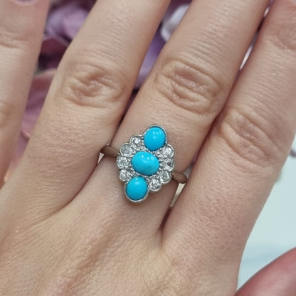 Art Deco Persian Turquoise and Old Cut Diamond Three Stone Plaque Ring
