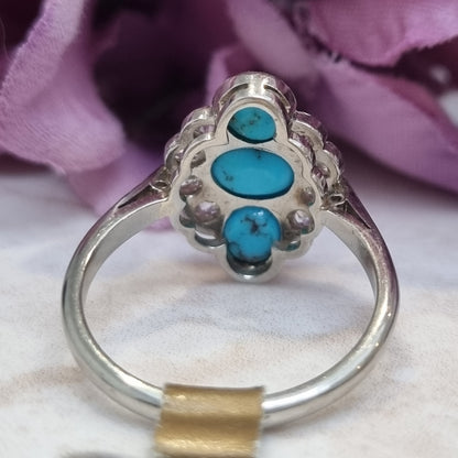 Art Deco Persian Turquoise and Old Cut Diamond Three Stone Plaque Ring