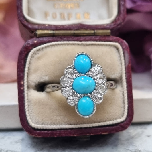 Art Deco Persian Turquoise and Old Cut Diamond Three Stone Plaque Ring