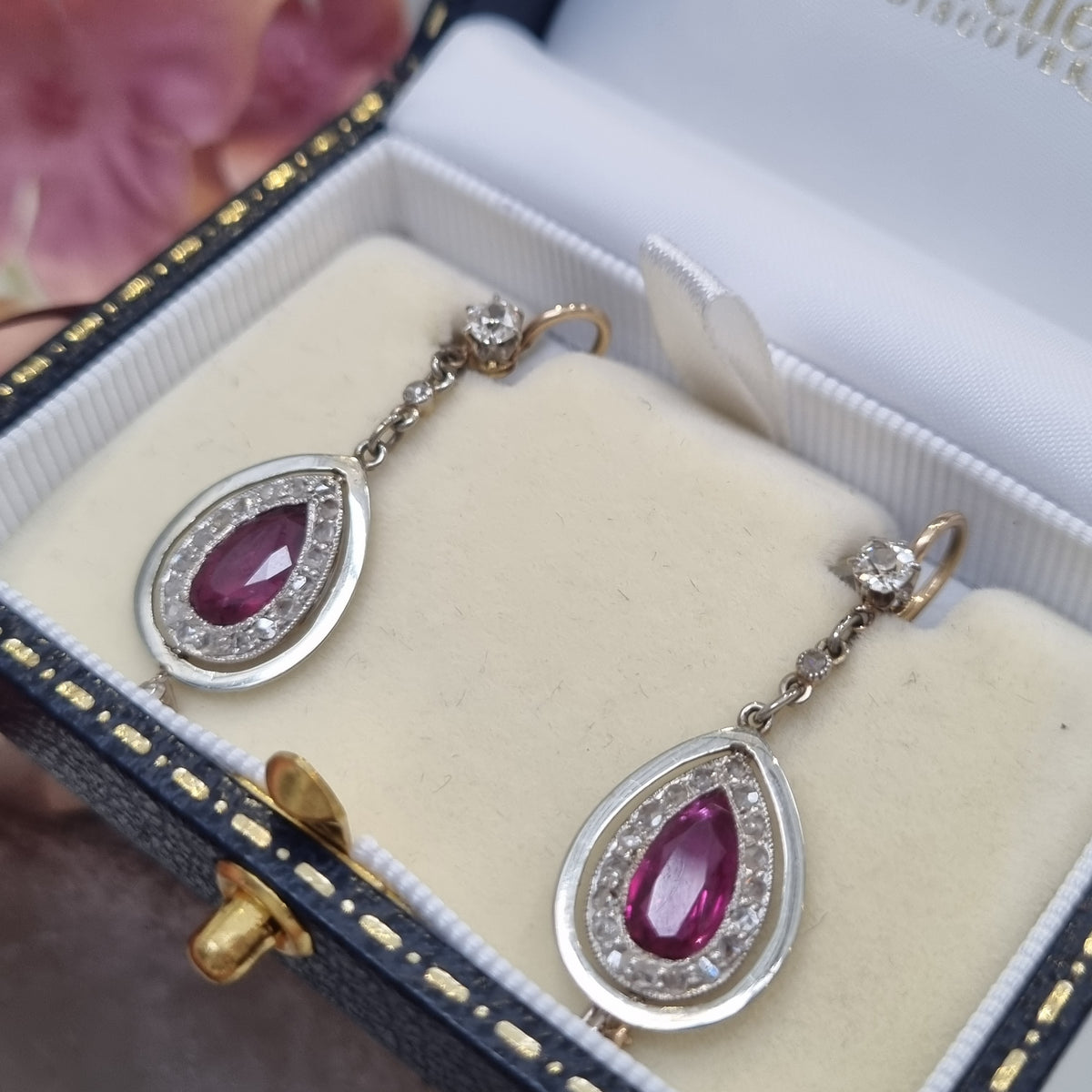Art Deco Pear Shaped Ruby and Diamond Drop Earrings