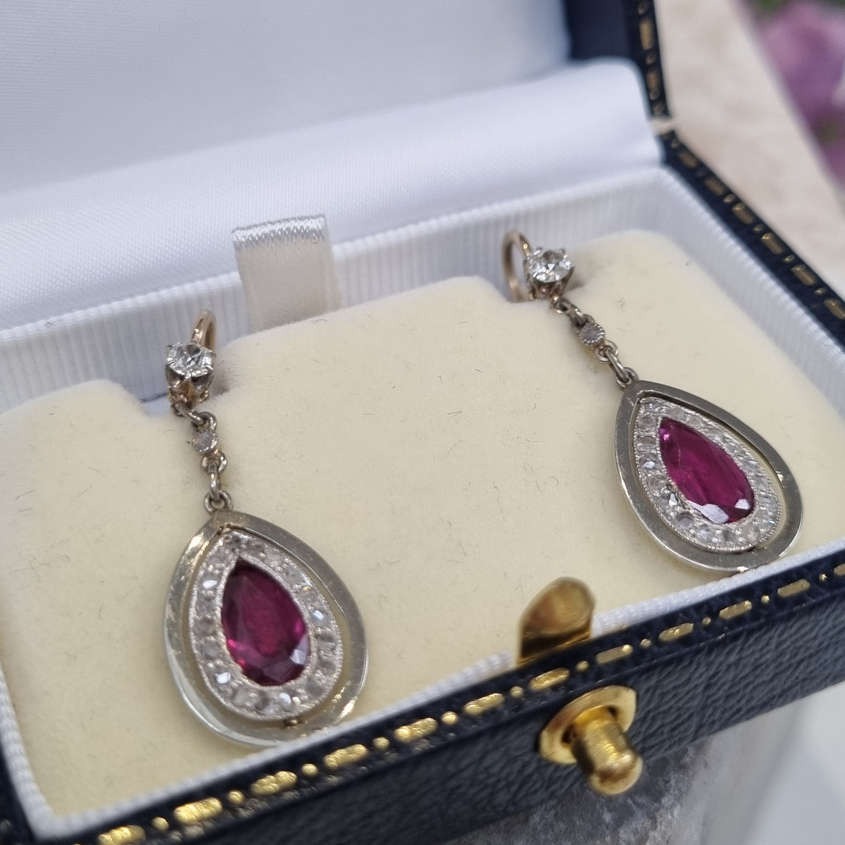 Art Deco Pear Shaped Ruby and Diamond Drop Earrings