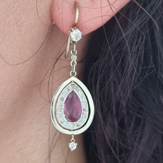 Art Deco Pear Shaped Ruby and Diamond Drop Earrings
