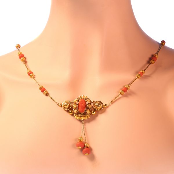 Antique Victorian Gold and Coral Cameo Necklace