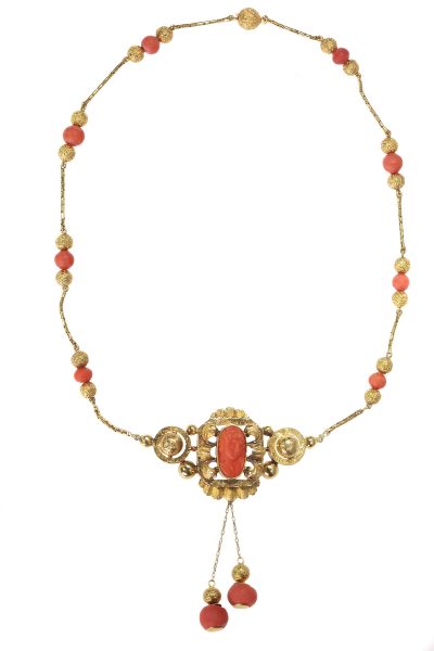 Antique Victorian Gold and Coral Cameo Necklace