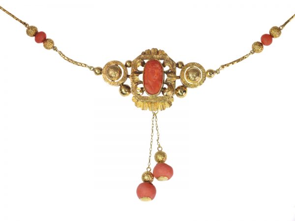 Antique Victorian Gold and Coral Cameo Necklace
