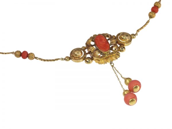 Antique Victorian Gold and Coral Cameo Necklace