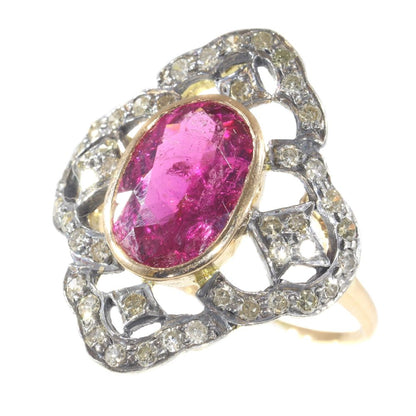 Vintage Diamond And Rubelite Ring In 18 Carat Rose Gold And Silver