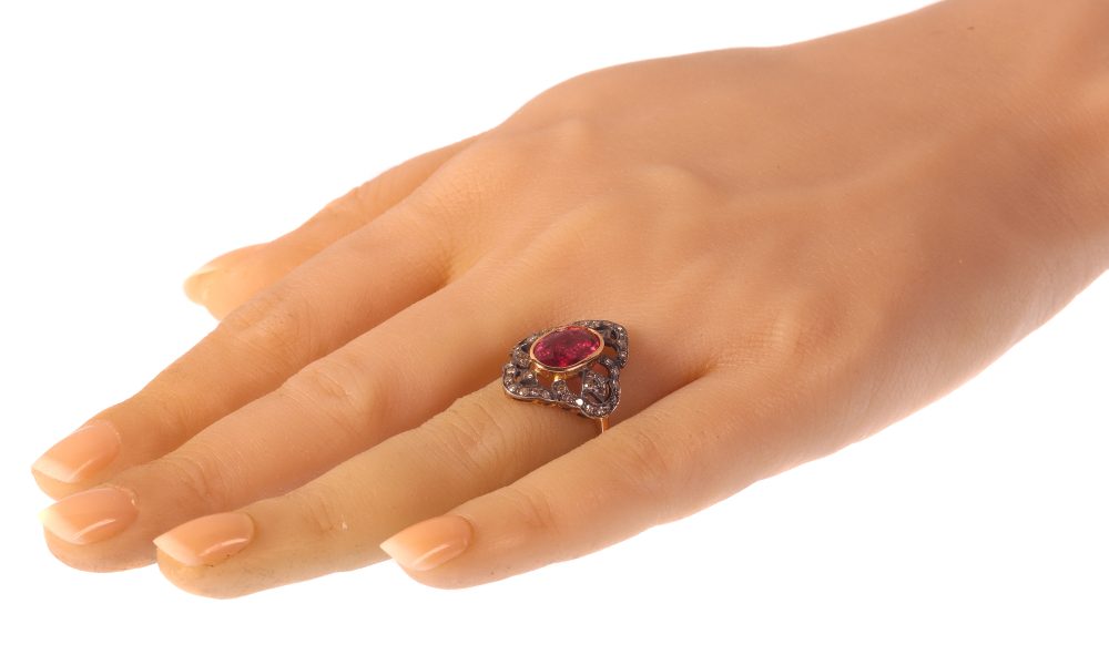 Vintage Diamond And Rubelite Ring In 18 Carat Rose Gold And Silver