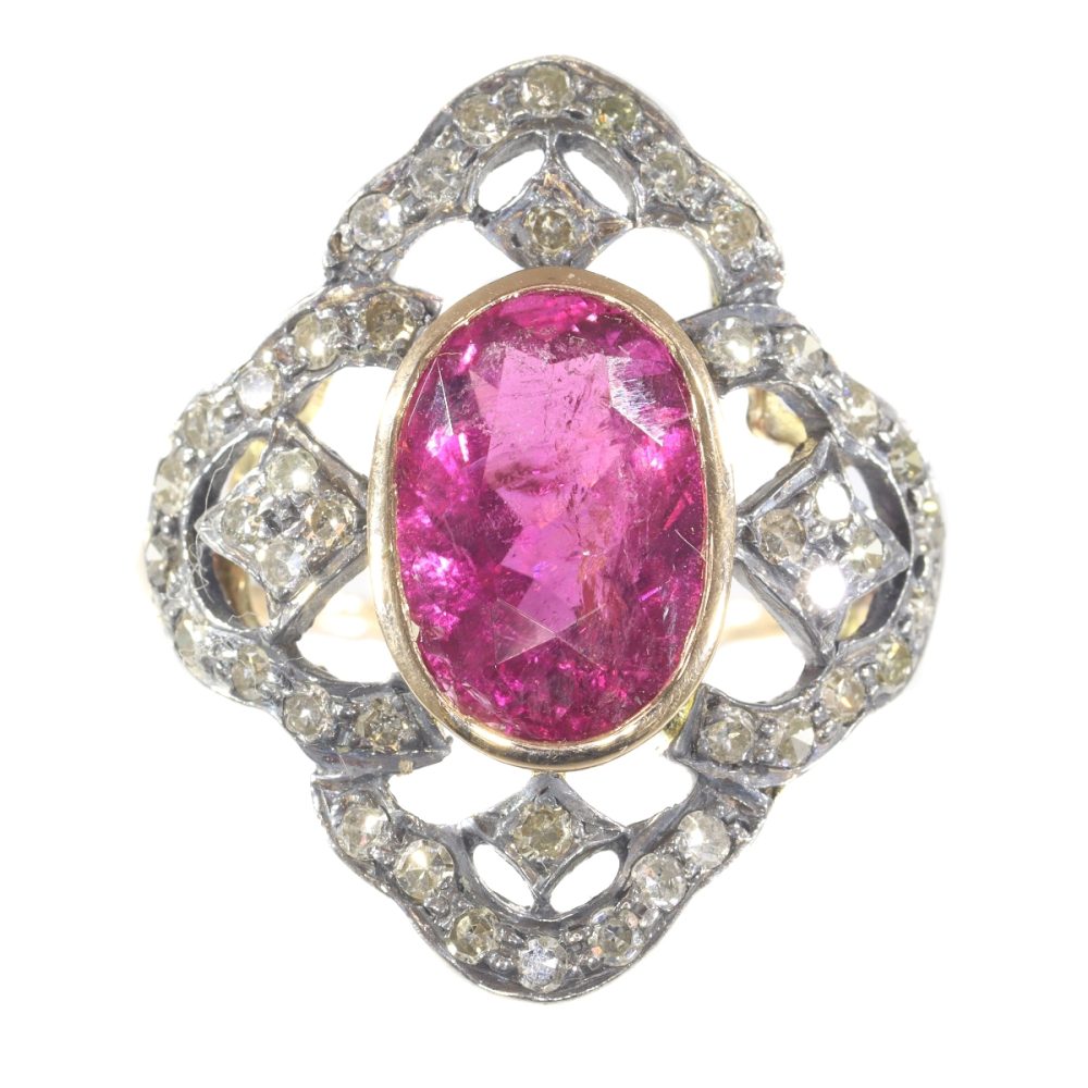 Vintage Diamond And Rubelite Ring In 18 Carat Rose Gold And Silver