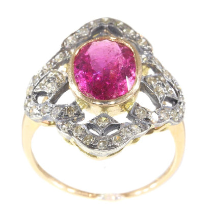 Vintage Diamond And Rubelite Ring In 18 Carat Rose Gold And Silver