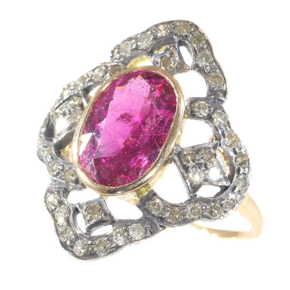 Vintage Diamond And Rubelite Ring In 18 Carat Rose Gold And Silver