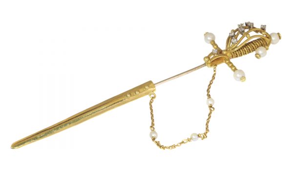 Vintage Gold Sword Scarf or Lapel Pin with Diamonds and Pearls