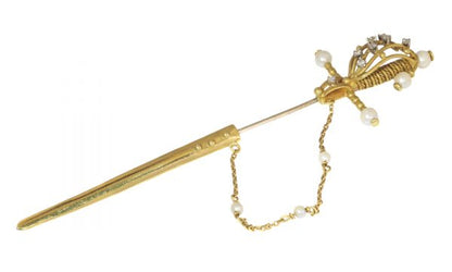 Vintage Gold Sword Scarf or Lapel Pin with Diamonds and Pearls