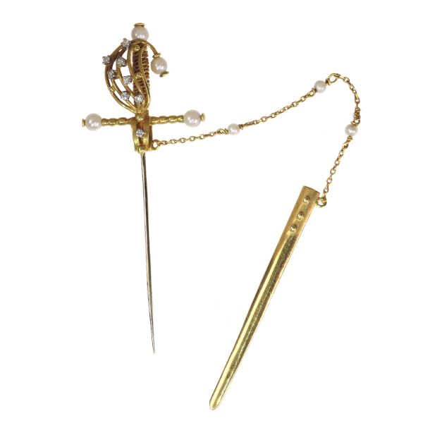 Vintage Gold Sword Scarf or Lapel Pin with Diamonds and Pearls