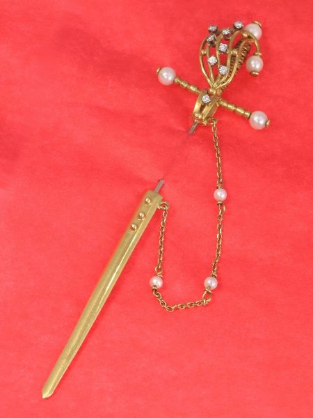 Vintage Gold Sword Scarf or Lapel Pin with Diamonds and Pearls
