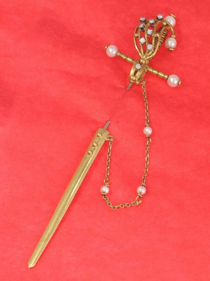 Vintage Gold Sword Scarf or Lapel Pin with Diamonds and Pearls