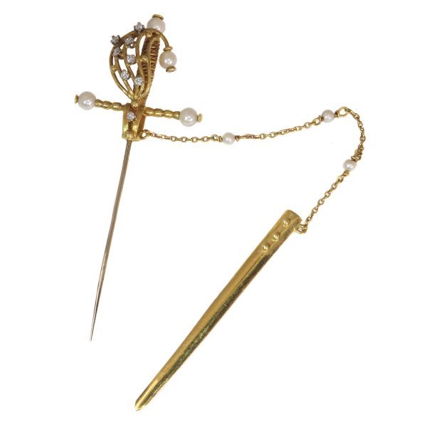 Vintage Gold Sword Scarf or Lapel Pin with Diamonds and Pearls