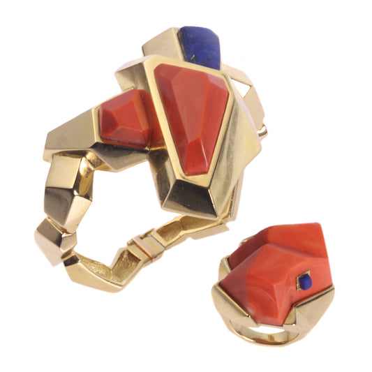 Vintage Seventies Pop-Art Coral and Lapis Lazuli Gold Bracelet and Ring Parure