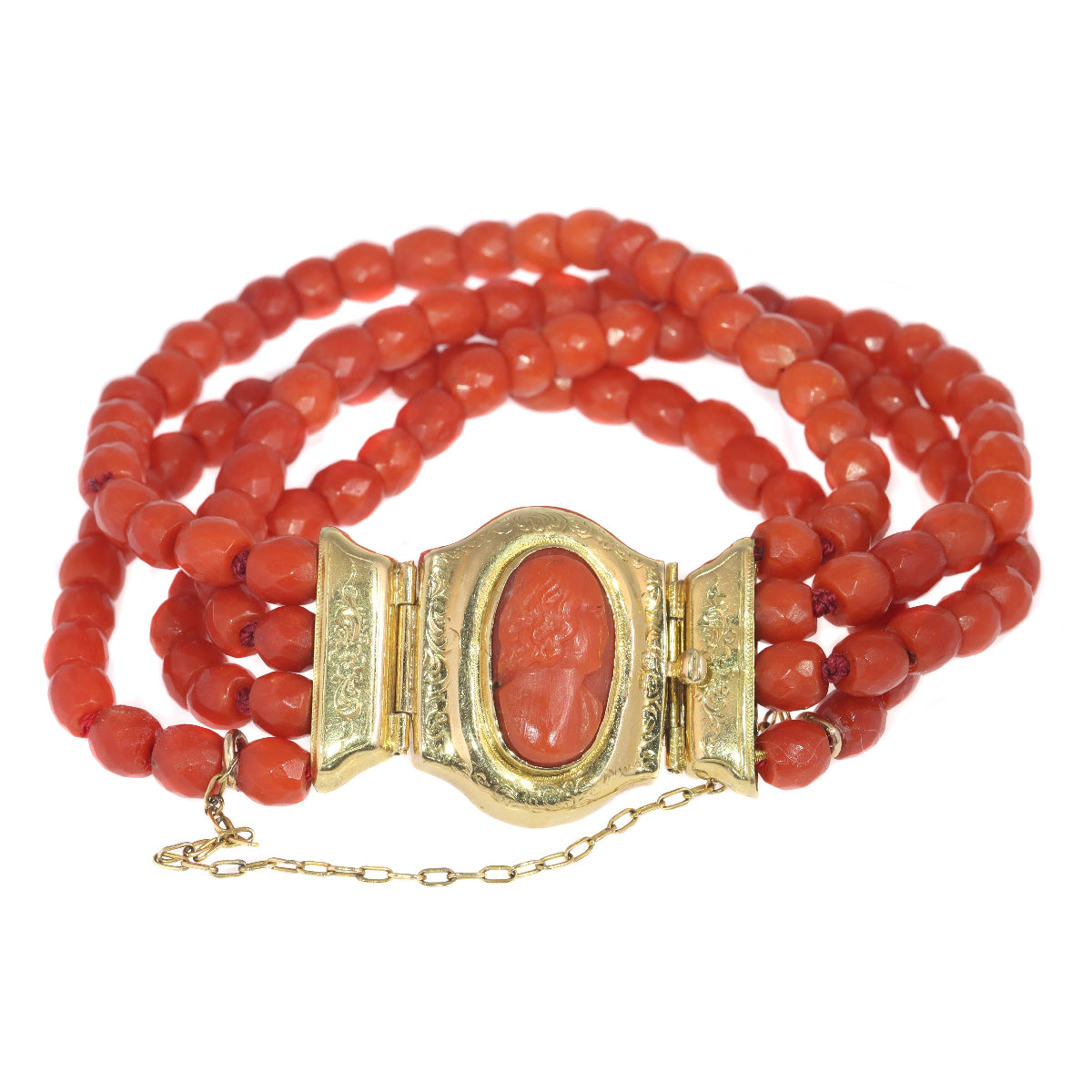 Antique Victorian Four String Coral Bracelet with Coral Cameo, 18ct Gold Closure