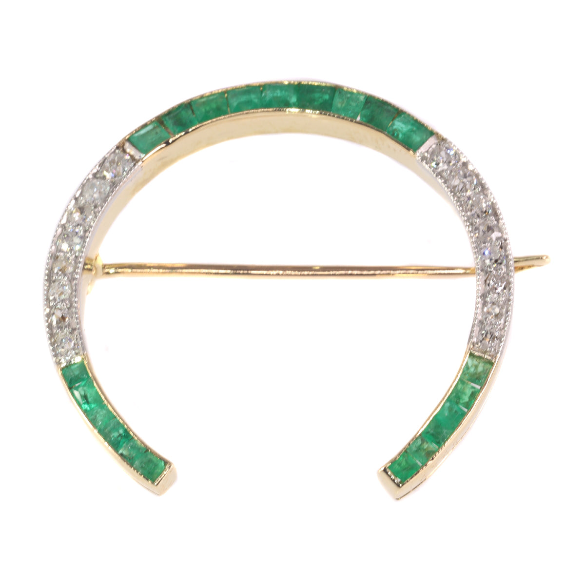 Antique Art Deco Diamond and Emerald Horseshoe Brooch