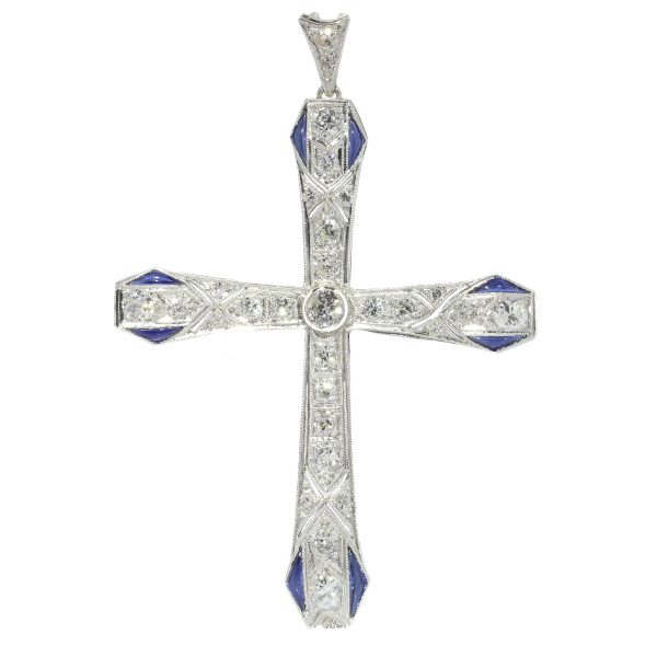 Vintage Art Deco Platinum Diamond and Sapphire Cross Pendant