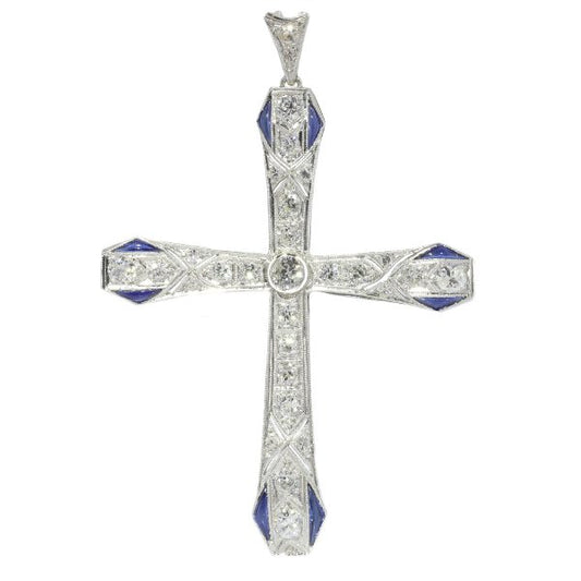 Vintage Art Deco Platinum Diamond and Sapphire Cross Pendant