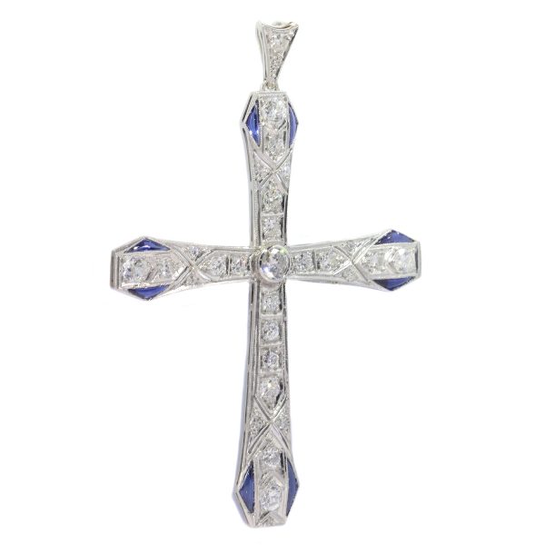 Vintage Art Deco Platinum Diamond and Sapphire Cross Pendant
