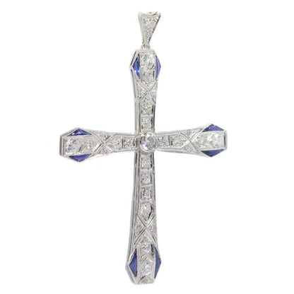 Vintage Art Deco Platinum Diamond and Sapphire Cross Pendant