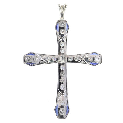 Vintage Art Deco Platinum Diamond and Sapphire Cross Pendant