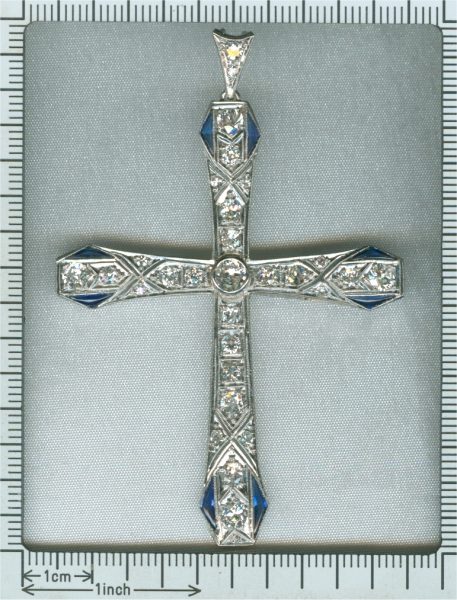 Vintage Art Deco Platinum Diamond and Sapphire Cross Pendant