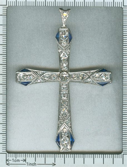 Vintage Art Deco Platinum Diamond and Sapphire Cross Pendant
