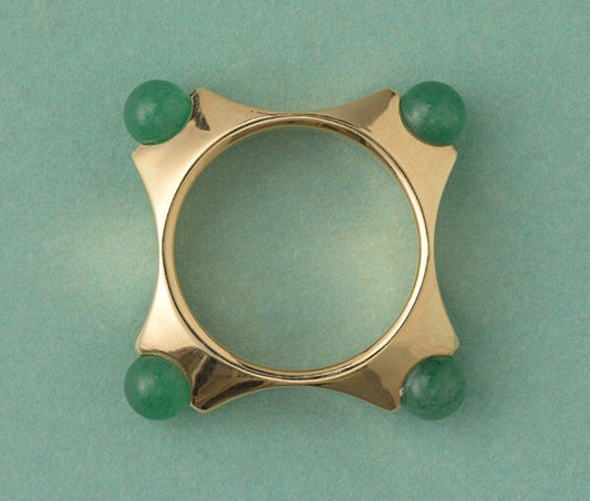 Vintage Retro Aventurine and 18ct Yellow Gold Ring; unique 18ct yellow gold square-shaped ring with aventurine ball set to each corner, France