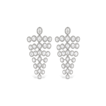 Rose Cut Diamond Chandelier Drop Earrings; featuring 7.18cts oval rose-cut diamonds surrounded by 2.09cts round brilliant cut diamonds, 9.27 carat total