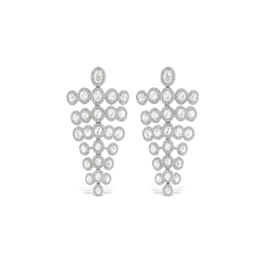 Rose Cut Diamond Chandelier Drop Earrings; featuring 7.18cts oval rose-cut diamonds surrounded by 2.09cts round brilliant cut diamonds, 9.27 carat total