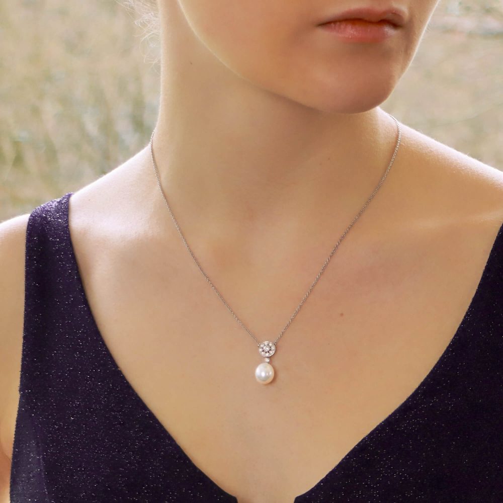 Pearl and Diamond Cluster Pendant Necklace