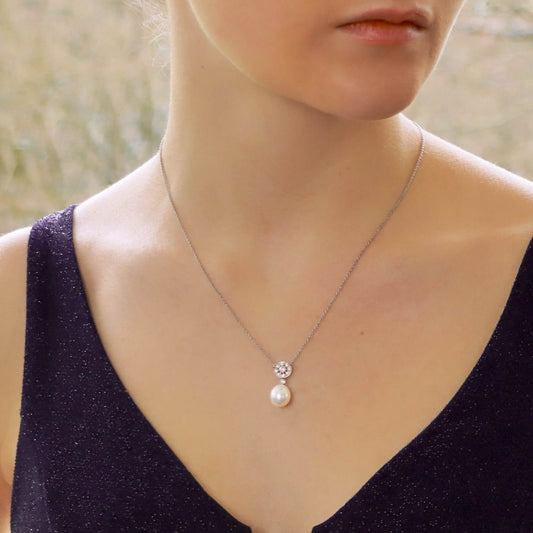 Pearl and Diamond Cluster Pendant Necklace